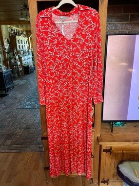 ASOS Red Floral V-Neck Long Sleeve Maxi Dress